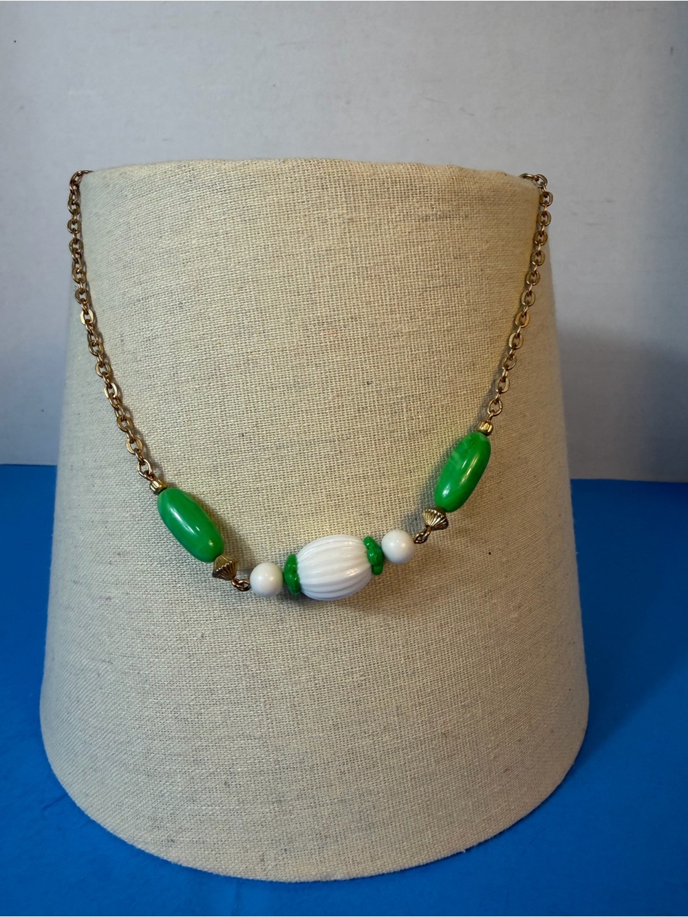 Gold Chain Necklace with Green and White Beads